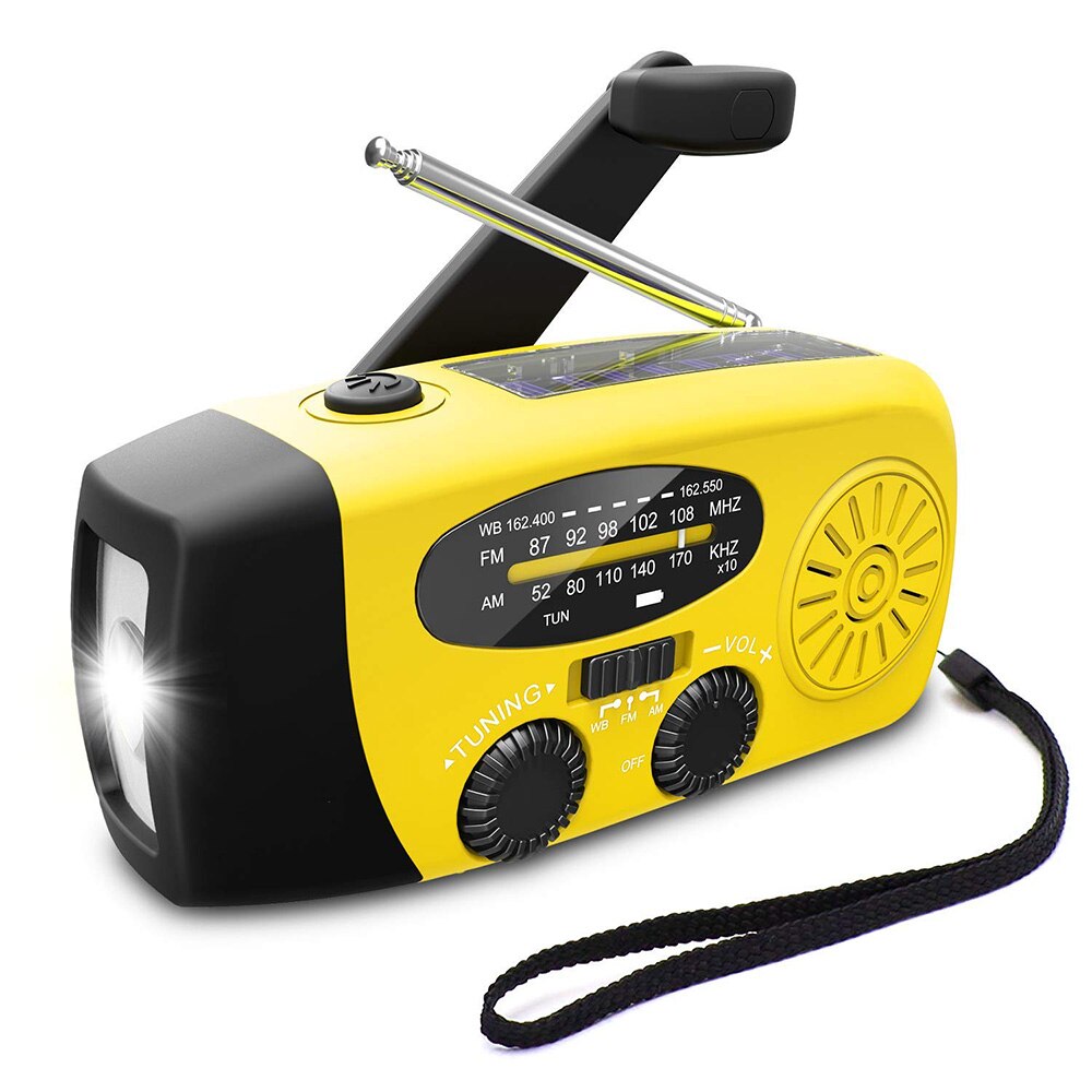 5-in-1 Portable FM Radio Hand Crank Self Powered AM/FM/NOAA Solar Emergency Radios with 3 LED Flashlight 1000mAh Power Bank: Yellow