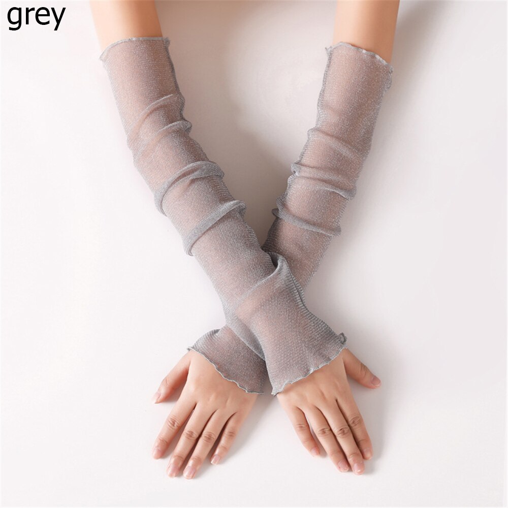 Gants longs en dentelle sans doigts pour femmes, manchons de Protection solaire, maille en dentelle, fins pour cyclisme, mancherons pour les bras de conduite,: grey
