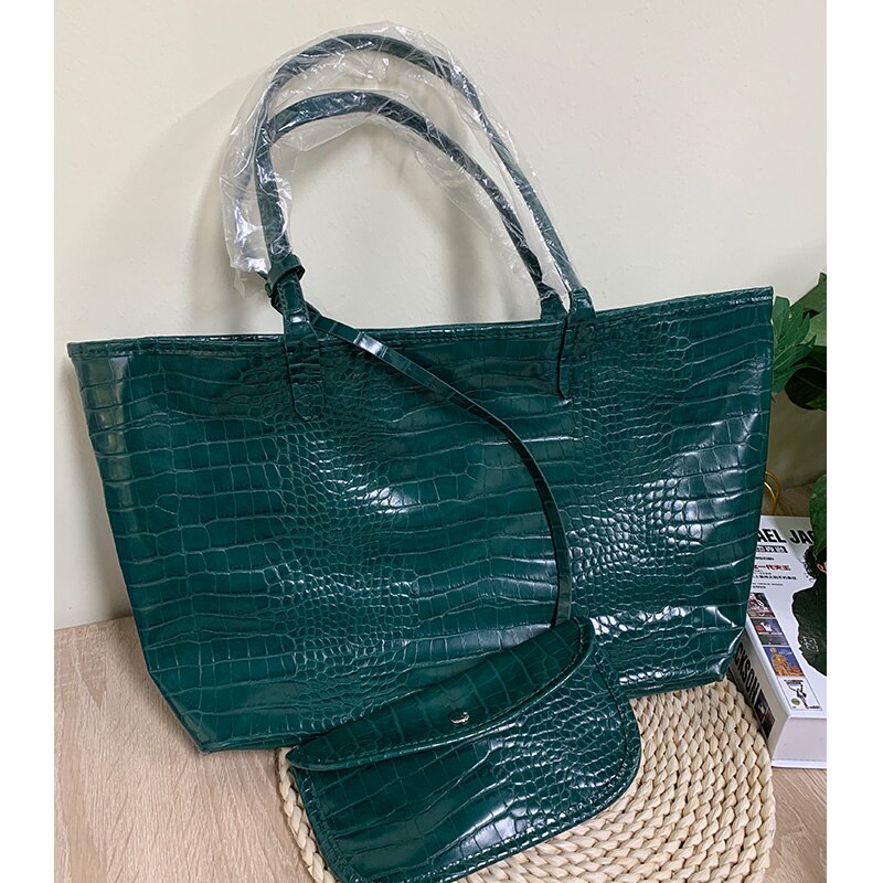 TOPHIGH Krokodil aufbringen Frauen Handtasche Strauß/Schlange Frauen Schulter Tasche Quaste Tote Große Kapazität Einkaufstaschen: Krokodil Grün