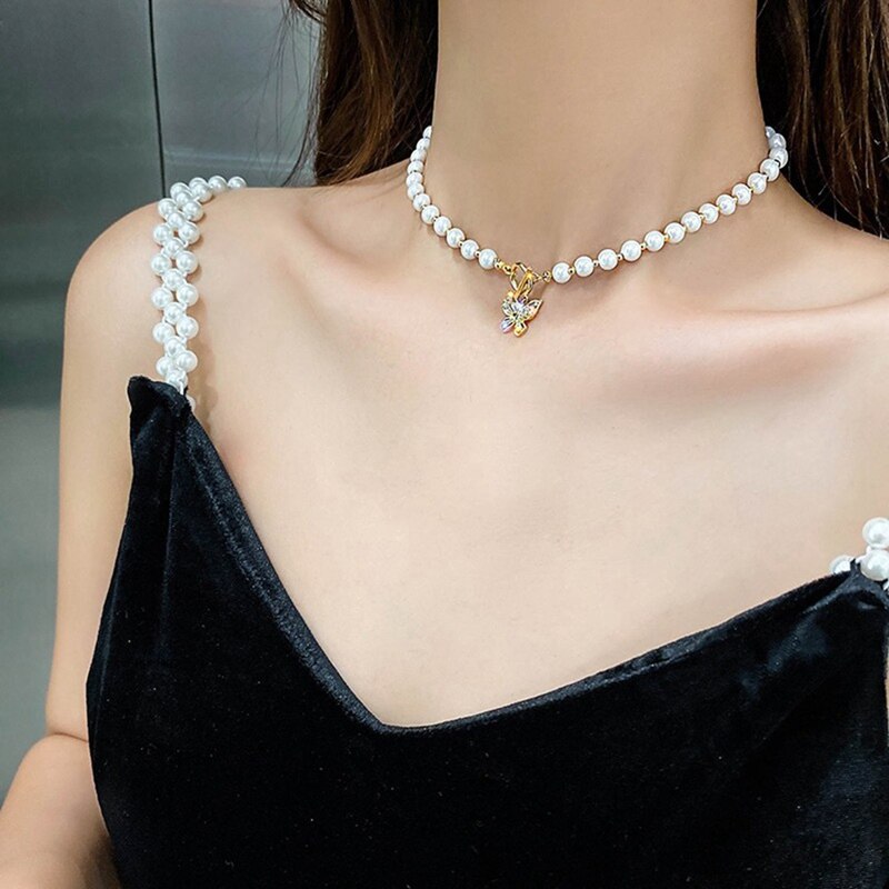 Imitatie Parels Chocker Ketting Vlinder Choker Ketting: Default Title