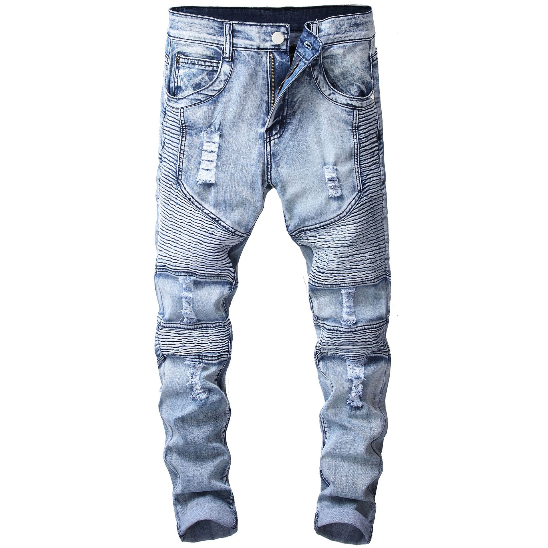 Jean déchiré pour homme, pantalon de moto plissé, troué, Denim, élastique, Slim, à la: XXL