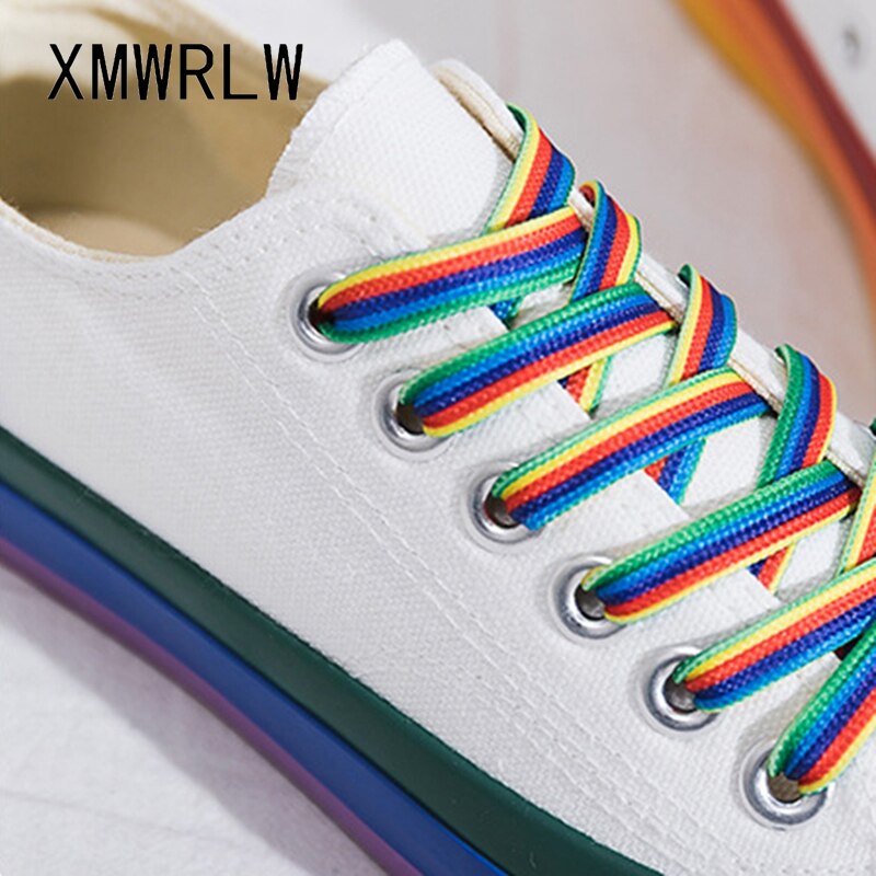 Xmwrlw regnbue hvide sko kvinder lærred sneakers med farve blonde sko forår kvindelige flade sneakers kvinder sko
