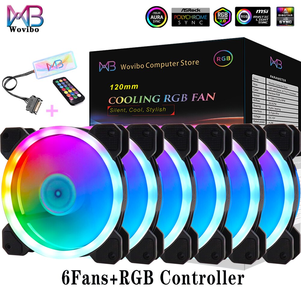 Wovibo-Ventilador RGB de 120mm, enfriador silencioso Argb, Pc, ordenador, 6 pines, 12cm, placa base, sincronización Aura: 6Fans With RGB
