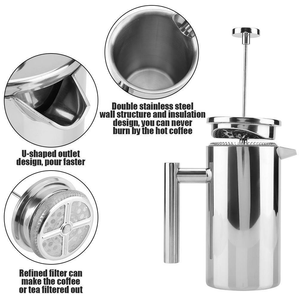 Insulated French Coffee Press Maker Pot 1000ml Double Wall Stainless Steel