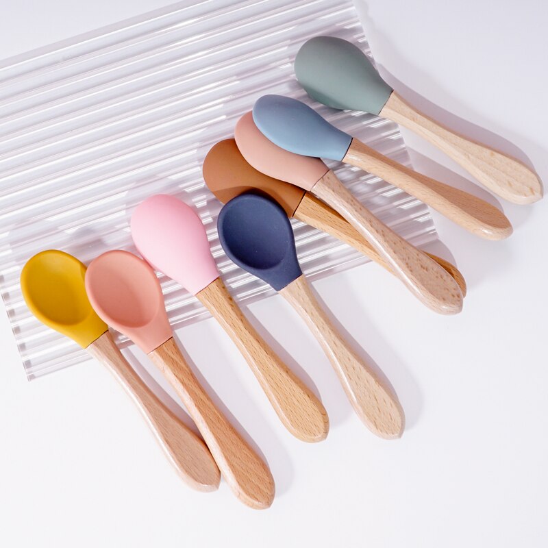 Cuchara de manija de madera silicona para alimentación de niños, utensilios para comer comida sólida, entrenamiento, capacidad de manipulación, vajilla