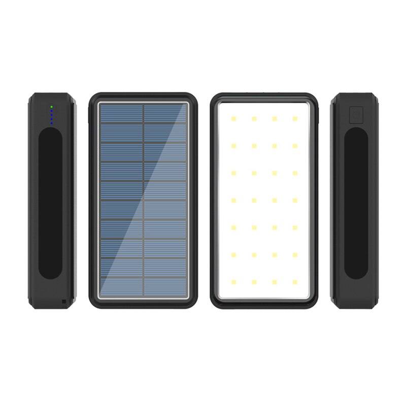 Solarbetriebene, kabellose 80000- mah-powerbank aus weichem gummi, staubdicht, tragbar, schnellladefunktion mit 4 usb-anschlüssen, led-beleuchtung und externem akku: Hellschwarz