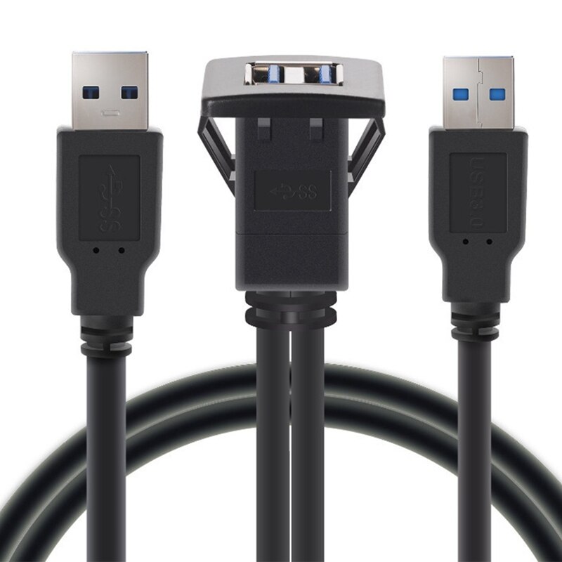 -Dual USB3.0 USB2.0 Male To Female Flush Mount Panel Dashboard Cable Shielded For Car Motorcycle