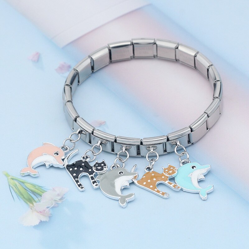 Hapiship-abalorios de delfín esmaltado, pulsera de acero inoxidable de 9mm, joyería artesanal, , DJ419