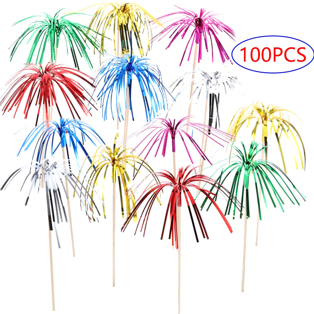 100 Pieces Disposable Fruit Dessert Sticks Party Tableware Cocktail Picks Fireworks Cake Topper Toothpicks For Wedding Decor: Default Title