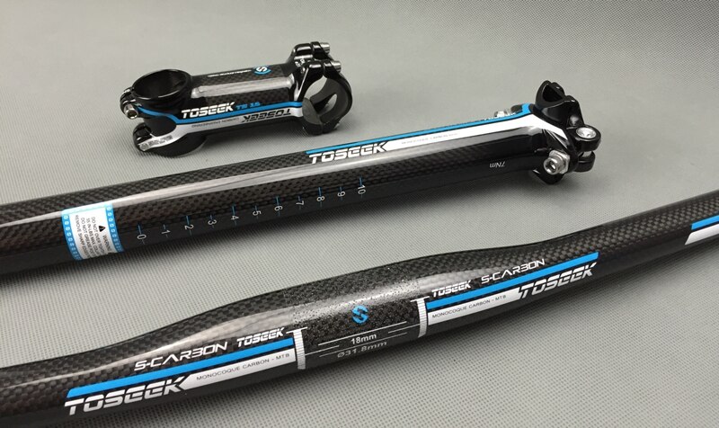 TOSEEK Kohlenstoff Faser Fahrrad Lenker setzt Flachen Anstieg Lenker + vorbau + sattelstütze Mtb Rennrad Bicicleta Fahrrad Teile schwarz blau