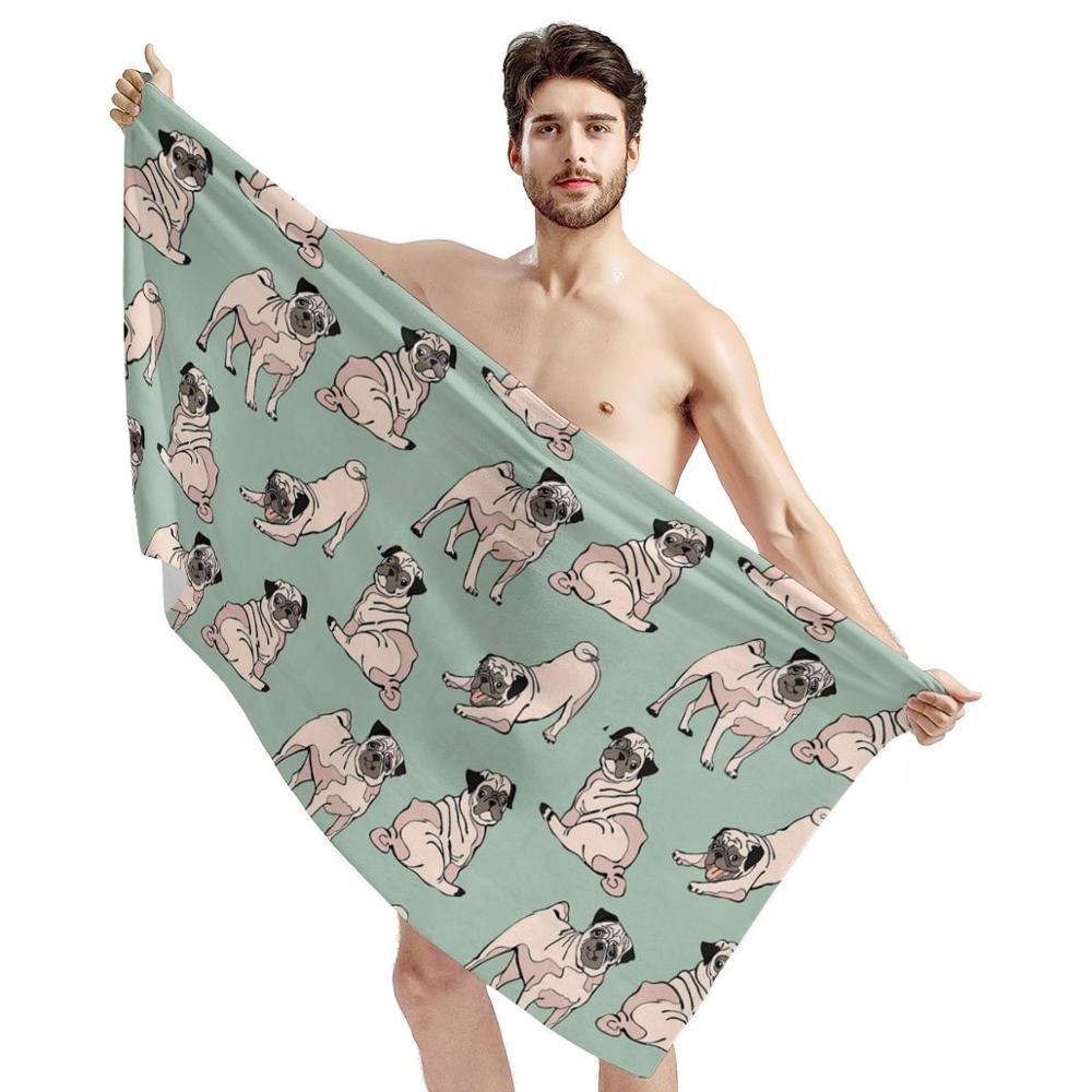 HUGSIDEA Puppy Pug Dog Print Bath Towel Cute Shower Beach Towels Absorbent Soft Rectangle for Kids Adult 75X150CM