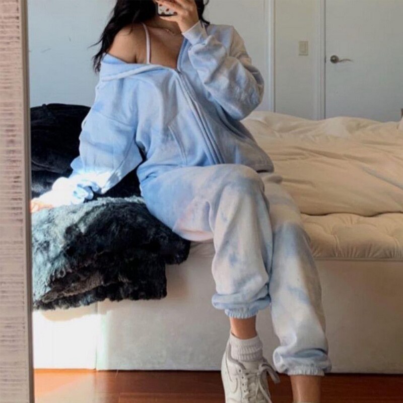 Women Jogging Suit 2 Pieces Tracksuit Tie-dye Printed Sweatsuit Casual Hoodie And Sweat Pants Two Piece Set Outfit: color3 / Asian size S