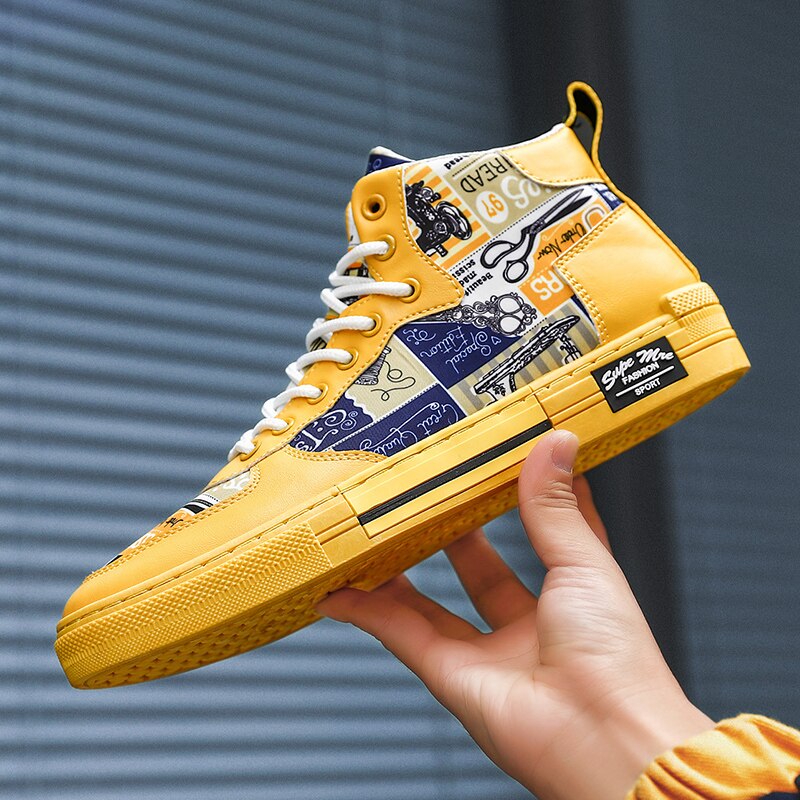 Chaussures de skateboard montantes en toile pour homme, baskets de sport, d'extérieur, respirantes, à lacets, pour la marche: Baskets homme jaunes / 7.5