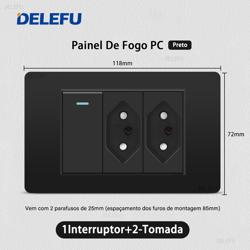 DELEFU Panel de PC ignífugo doble USB tipo C carga Brasil salida estándar interruptor de luz de pared negro enchufe eléctrico 10A 20A: 5,2 M / Gris