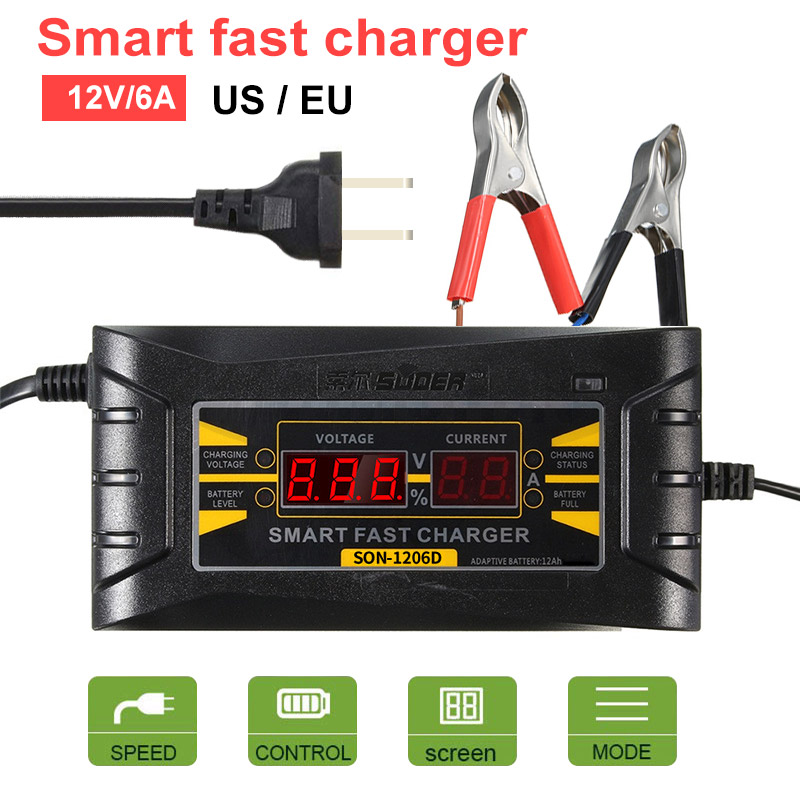 Chargeur de batterie de moto de voiture affichage LCD ue/US charge rapide 12V 6A batterie au plomb intelligente chargeur de batterie de voiture entièrement automatique