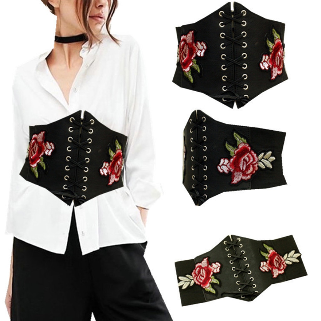 Fashionable Women’s Lace Tie Up Corset Ladies Wide Waist Waistband Rose Embroidered Black Leather Belt