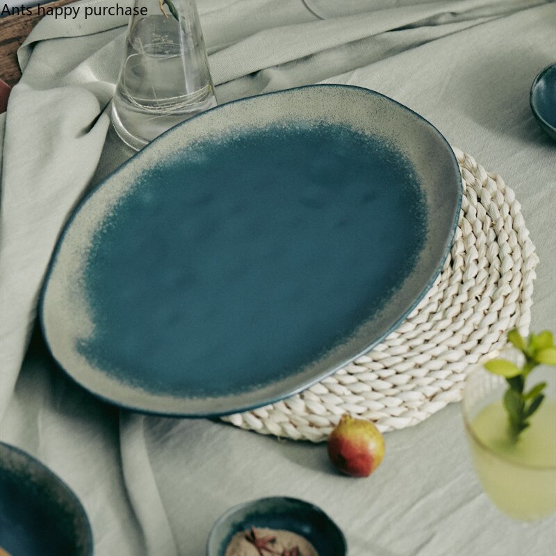 Green Irregular Dinner Plate Oval Fish Plate Dishes Steak Plate Home Restaurant Decorative Tableware Dishes and Plates Sets