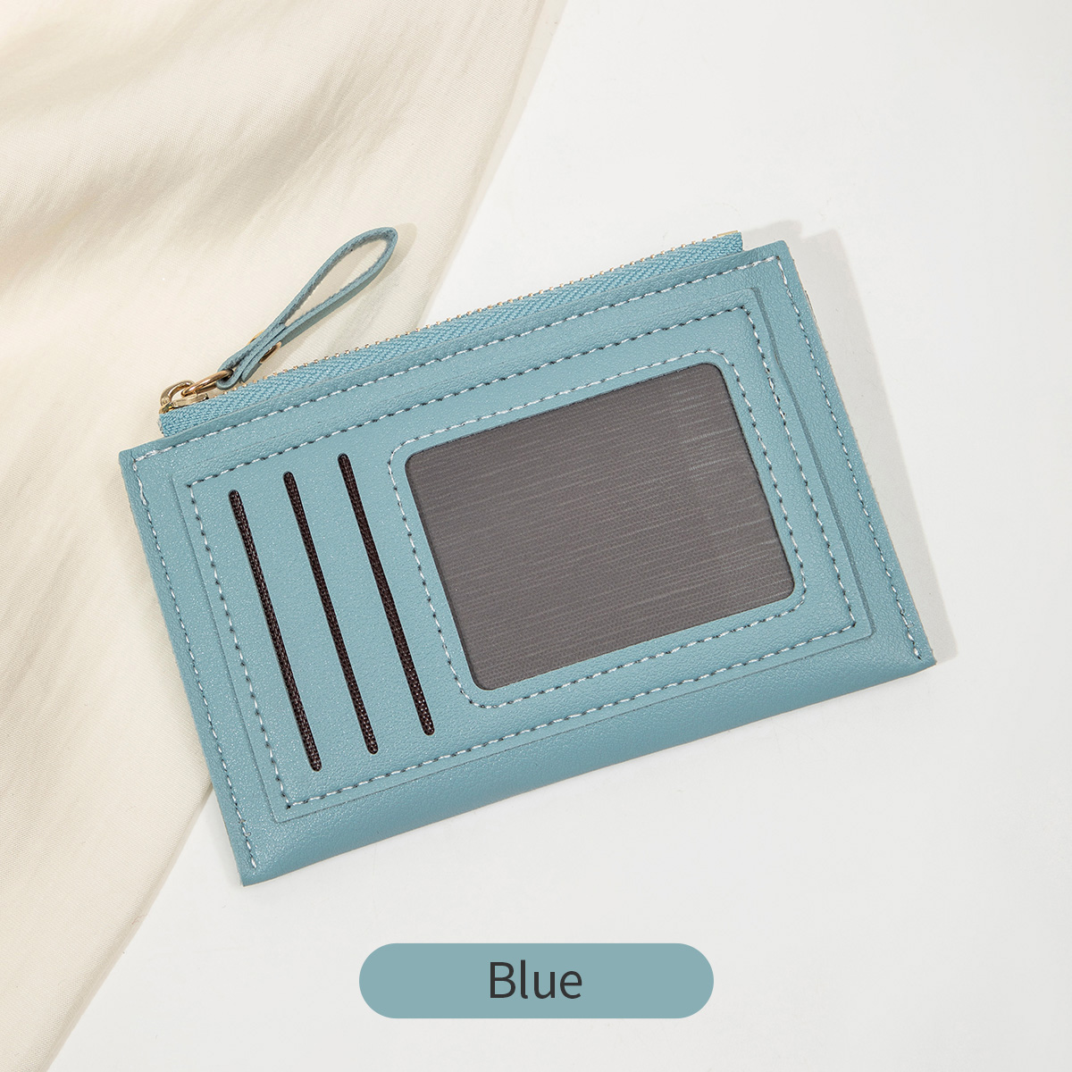 Minimalist ultra-thin coin wallet fashionable and portable PU leather wallet multifunctional credit card clip zipper card holder: Blue