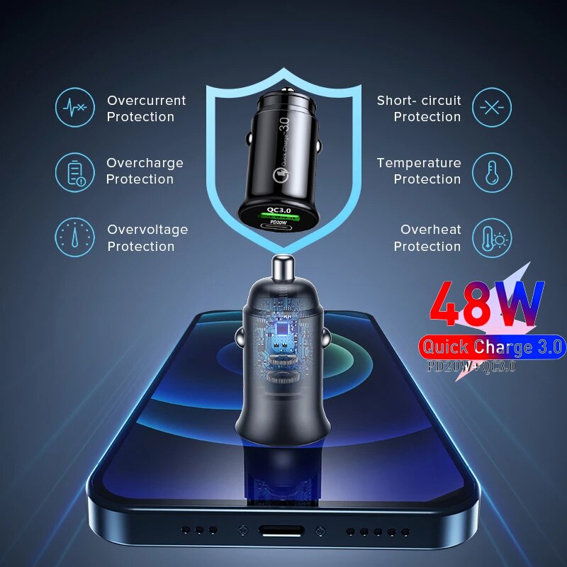 Szybka ładowarka samochodowa USB typ C 48W opłata za iphone 13 12 pro Xiaomi Huawei telefon PD QC 3.0 szybka ładowarka produkty