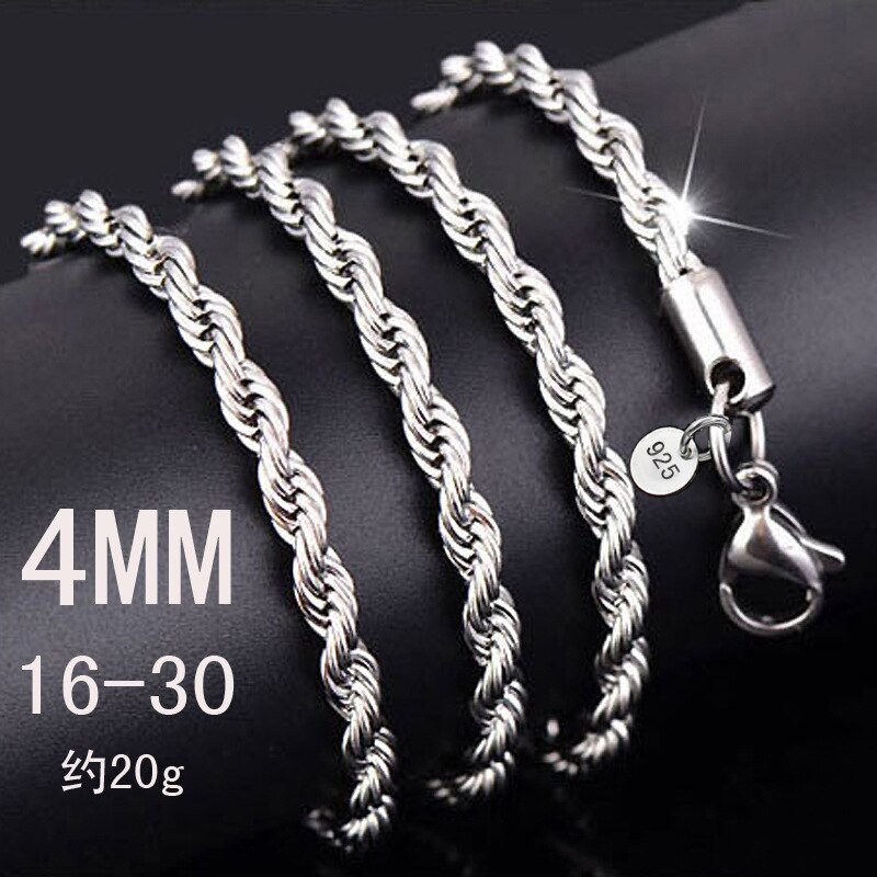 2-4MM Silver plated Twisted Rope Chain For Women Men Silver Choker Necklaces Jewelry 16-30 Inches: 4MM / 30inch(75cm)