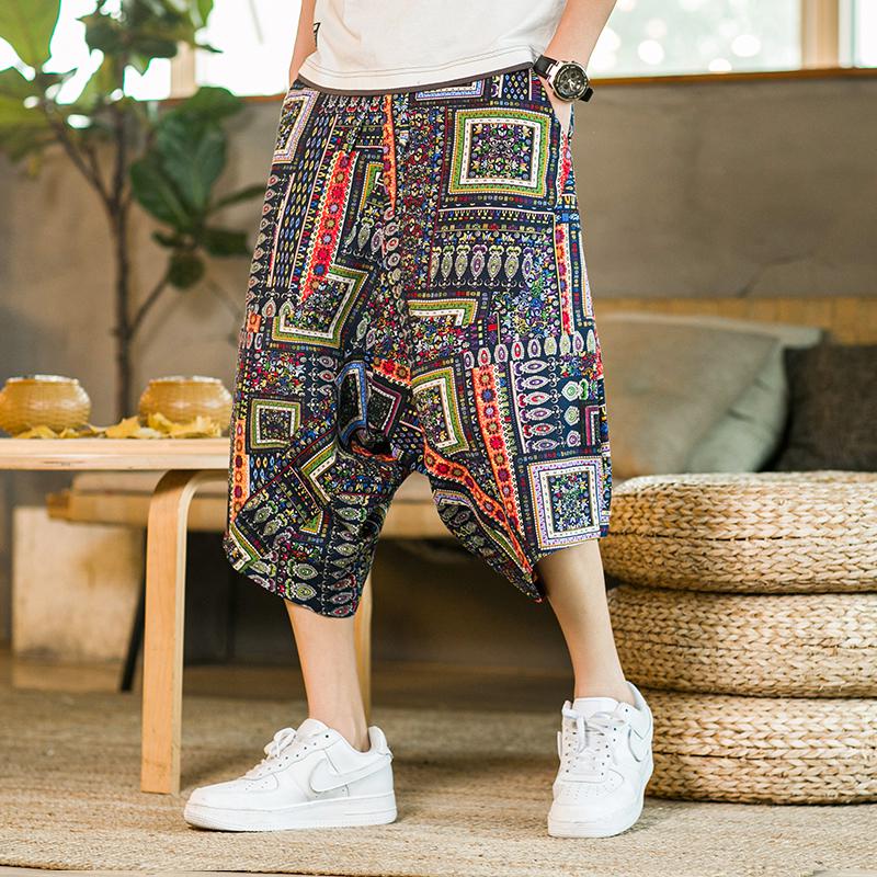 Pantalones casuales de estilo chino para hombre, pantalones bombachos holgados grandes, Capri de algodón estilo oriental, étnico, con estampado Floral, anchos: Size 2XL 73-80kg