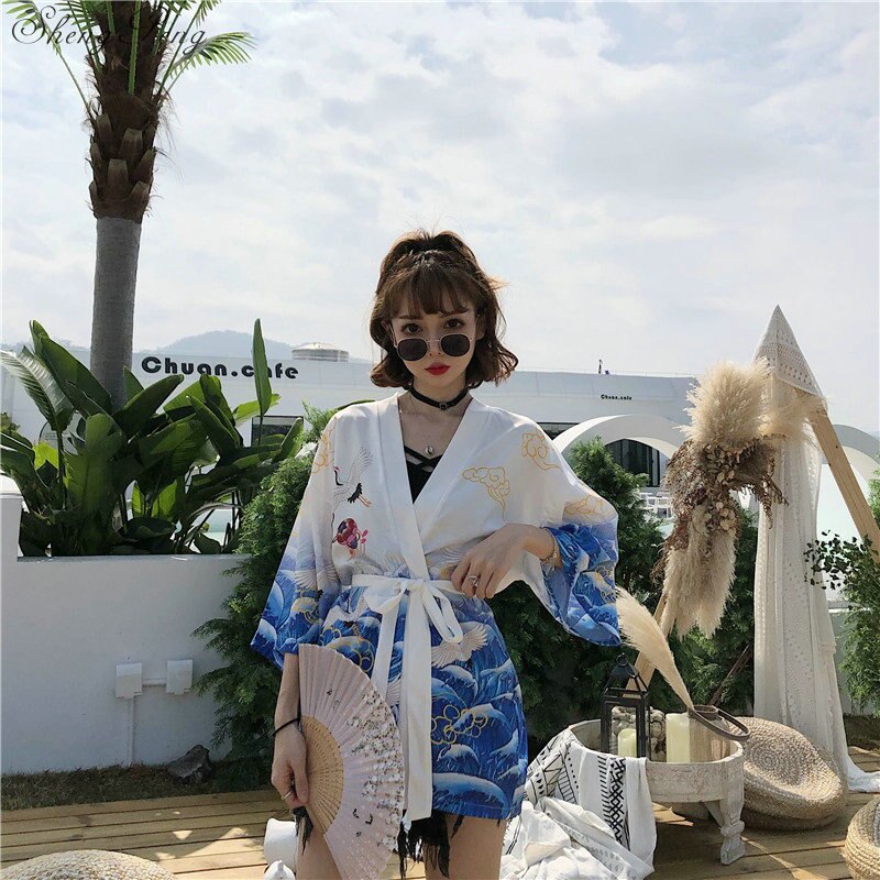 Kimono japonés Yukata de verano, Top japonés de grúa coronada roja, Haori, Kimono japonés Harajuku, Kimono bohemio Yukata Wome V1861,