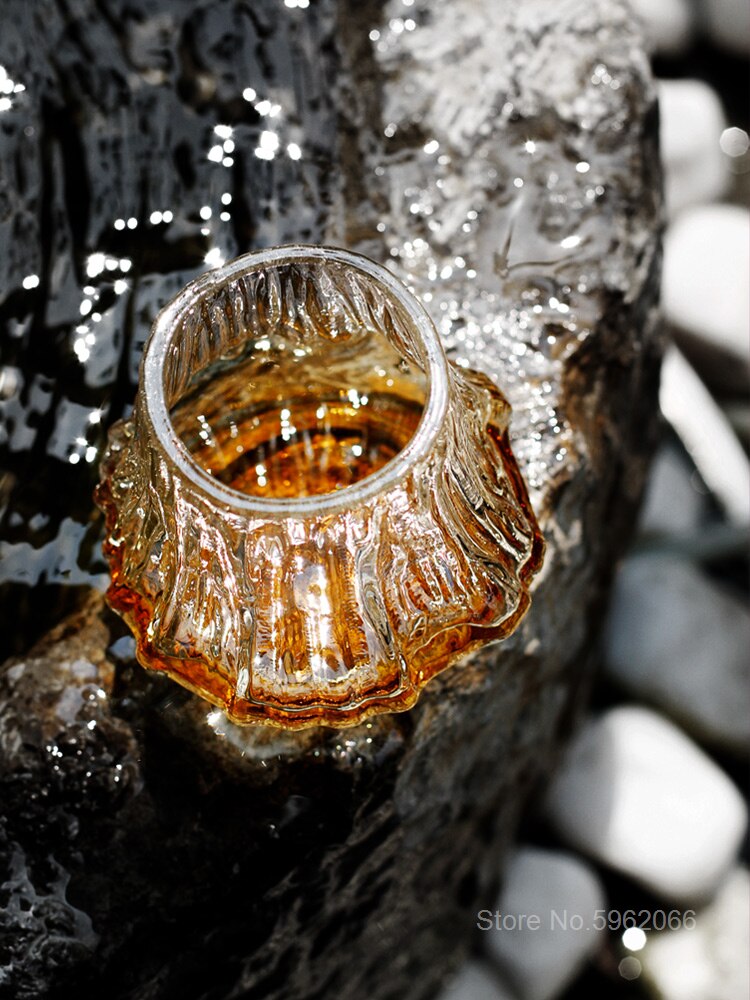 Japansk konst vulkan vinglas konstverk trälåda whisky tumbler mt. fuji mountain oregelbundna brandy snifter cup