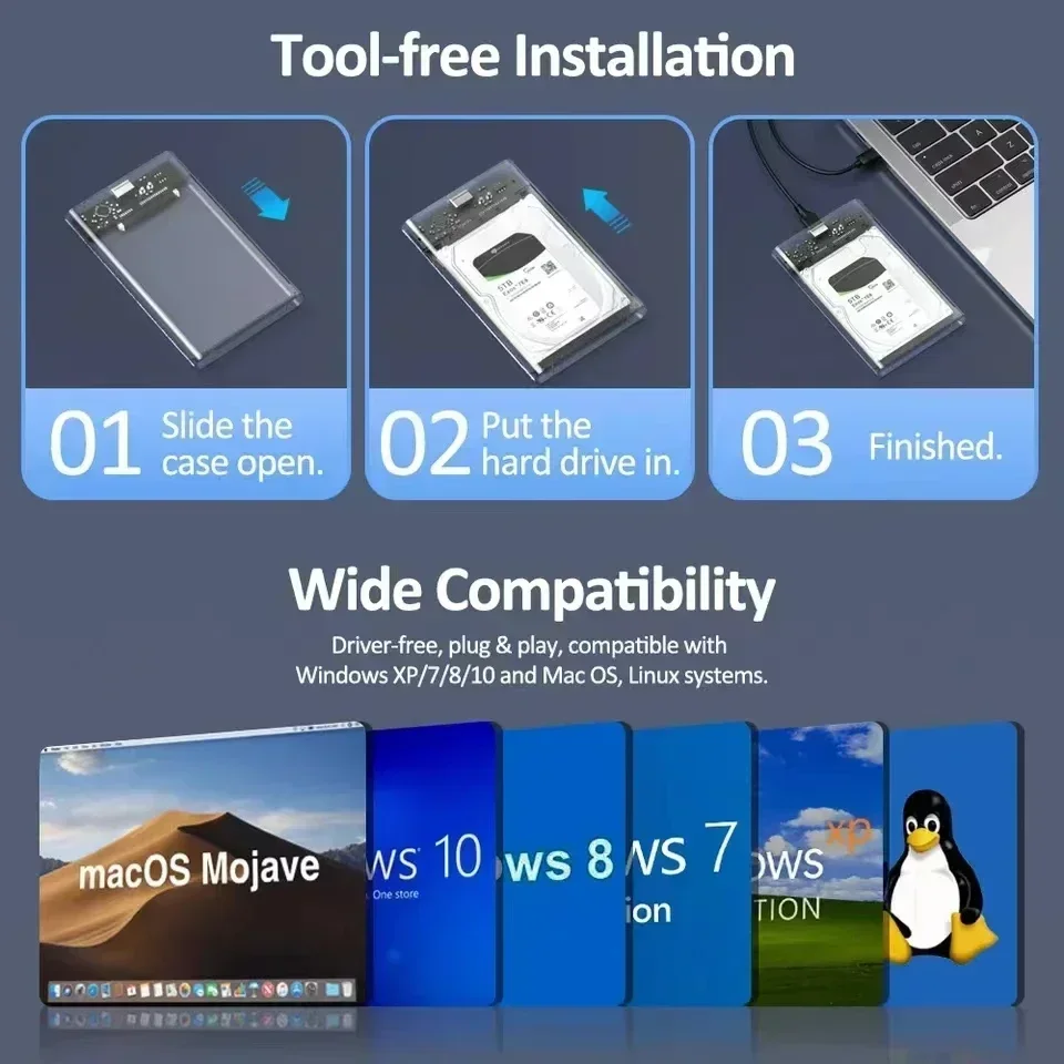 USB 3.0/Type C HDD-behuizing 2,5 inch SATA SSD externe harde schijfbehuizing met 5 Gbps overdrachtssnelheid Heldere harde schijfboxen Gereedschapsvrij
