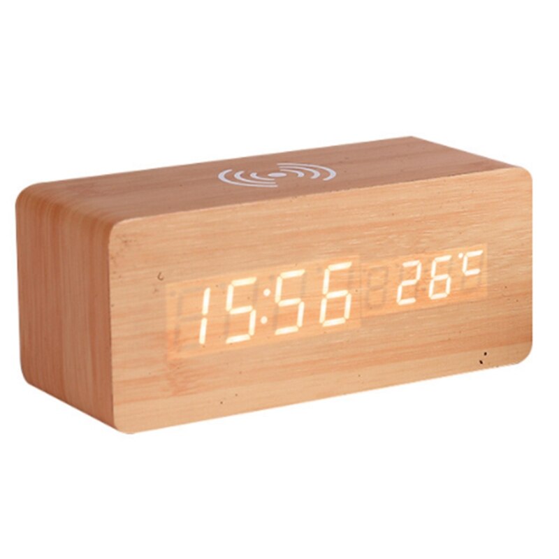 AP68-Alarm Clock with for Qi Wireless Charging Pad for iPhone Sound Control: Wood Color