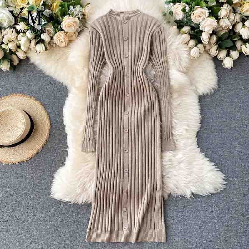 YuooMuoo French Long Slim Single-breasted Knit Long Sleeve Dress Women Autumn and Winter Bodycon Sweater Dress Vestido: Khaki