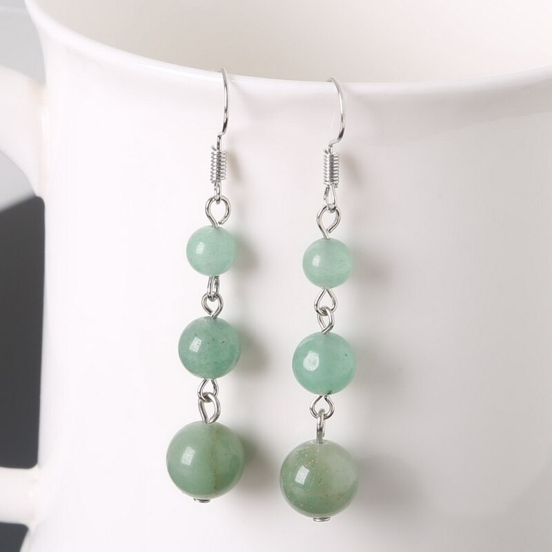 Nuevos pendientes de de 6mm + 8mm + 10mm para mujer, cuentas de ojo de tigre Natural, pendientes largos de piedra para mujer, joyería: Green Aventurine