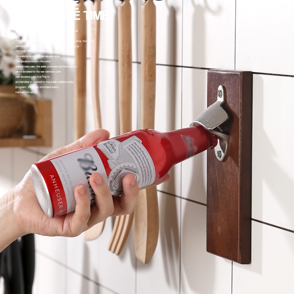 Wall Mounted Bottle Opener Wooden Refrigerator Mount Home Decor Fathers Day Wood Bottle Opening Board Beer Opener Cap