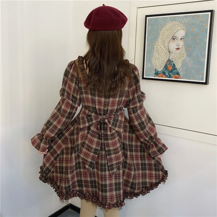 Japanese retro cute student plaid dress long sleeve dress women victorian dress kawaii girl gothic lolita op loli cos cute girl