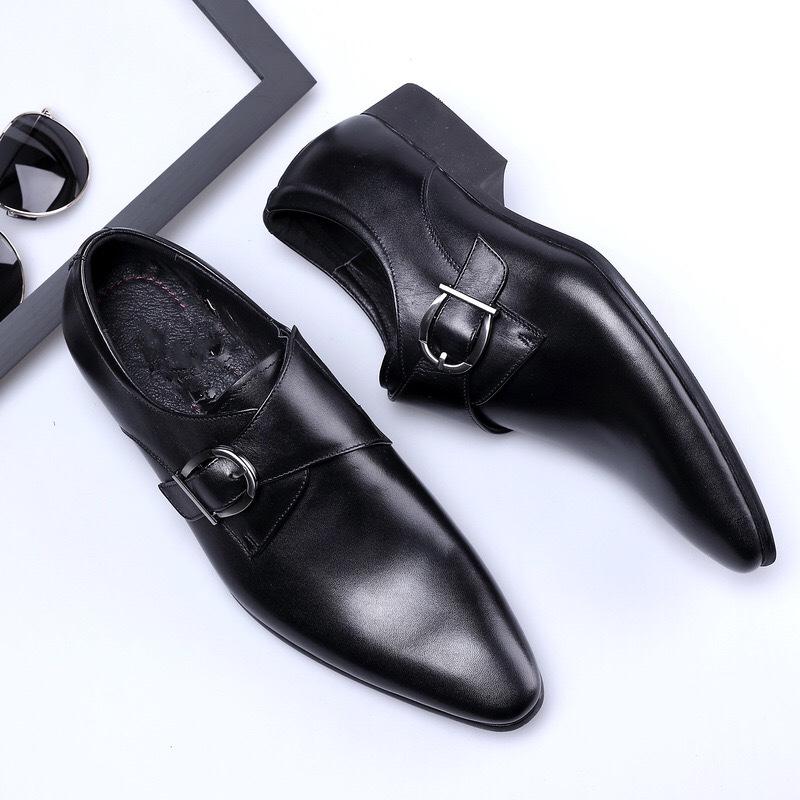 Monk Strap Loafers Men Slip On Flat Dress Shoes Italian Formal Suit Leather Shoes Metal Buckle Business British Loafers A1-76: Black / 9.5