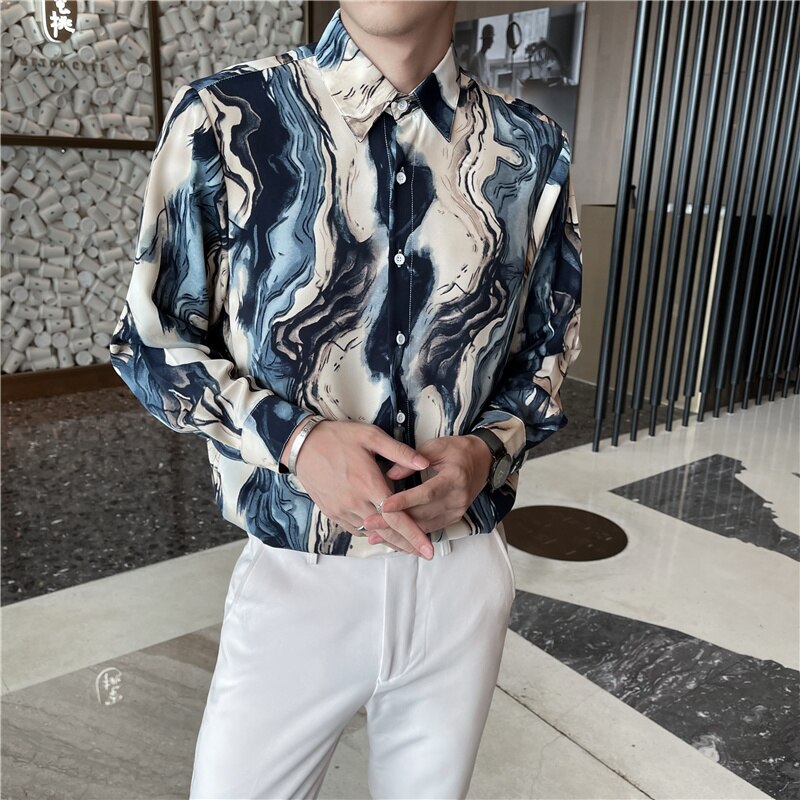 Camisas holgadas con estampado de arte a rayas para hombre, camisa informal de manga larga, ropa de calle de gran tamaño, blusa de esmoquin para Social, 2022