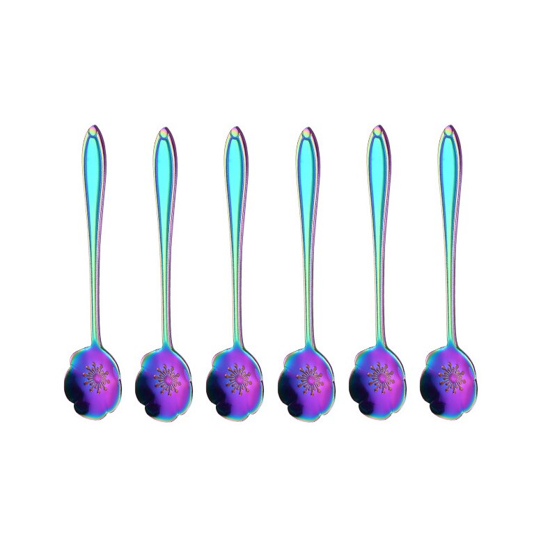 8/6Pcs Coffee Spoon 304 Stainless Steel Rainbow Stirring Milk Teaspoon Dessert Ice Cream Spoon Tableware Flowers: Plum Bossom 6 Pcs