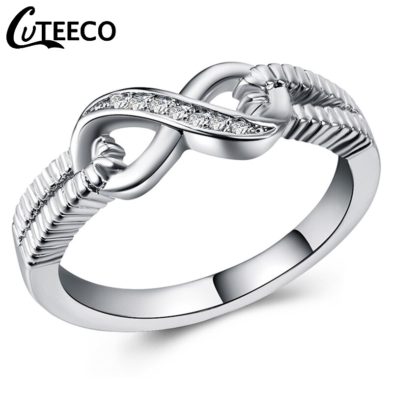 Cuteeco-Anillo de boda con forma de corazón infinito para mujer, sortija, Color plateado, Circonia cúbica, zirconia, circonita, zirconita, 8 formas