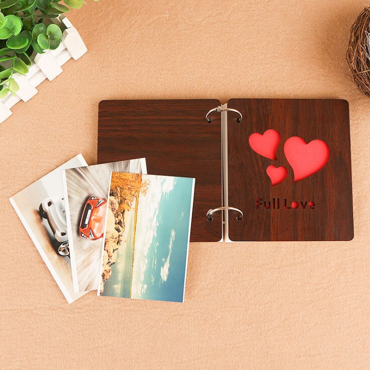 5 Inch DIY Red Wood Hollow Interleaf Photo Album Children Loose-Leaf Scrapbook Walnut Color Mini Memory Book Picture Storag