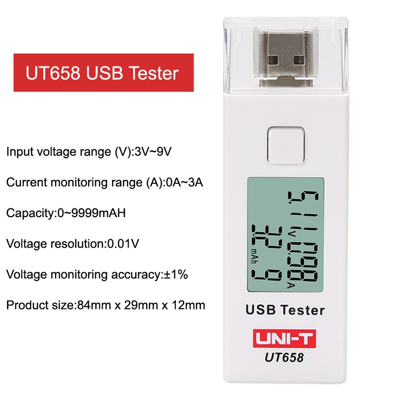 UNI-T USB Tester Phone Computer Charging Detector Voltage Current Meter Capacity Monitor dc digital voltmeter UT658B/UT658: UT658