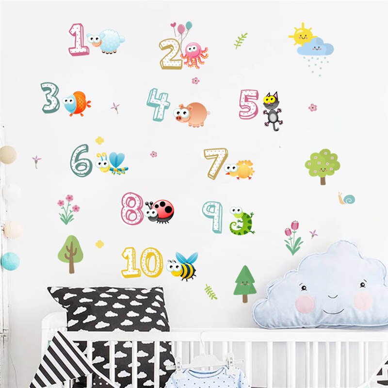 cartoon animals insect numbers wall stickers for kids rooms home decorations wall decals accessories pvc mural art diy wallpaper