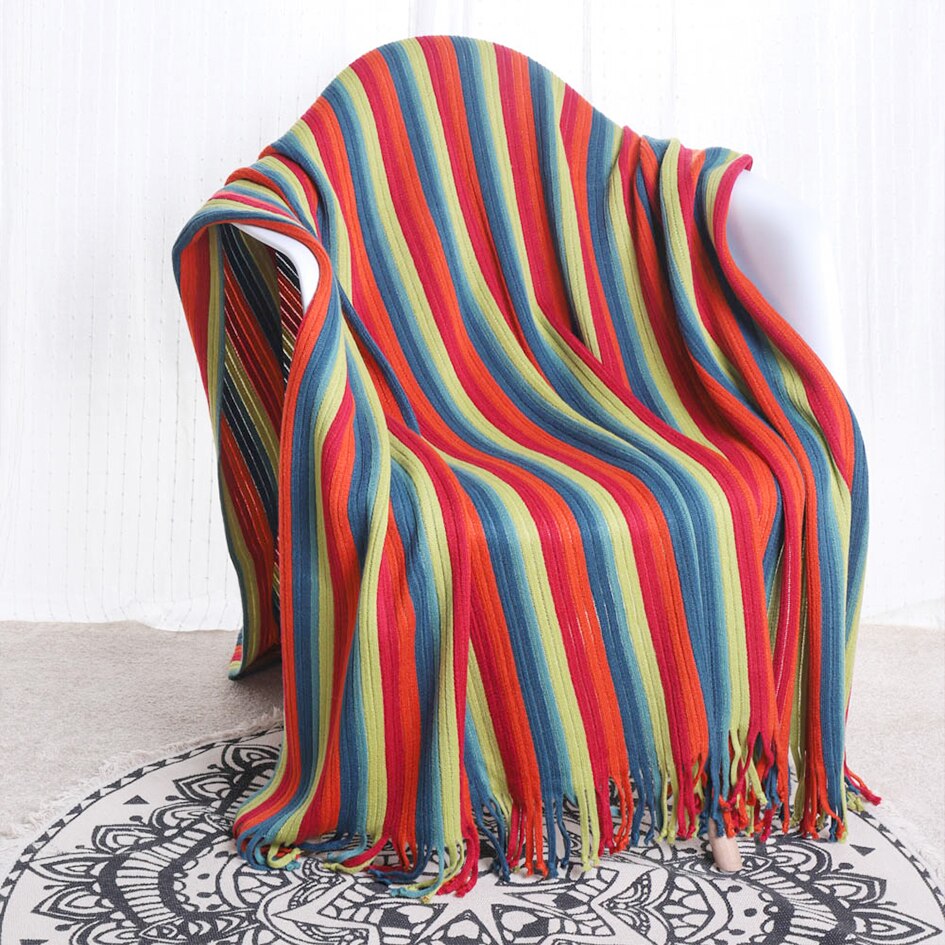 Yaapeet 100% Acrylic Striped Throw Blanket Lightweight Cozy Blankets and Throws for Sofa with Tassels Decorative Bed Blanket