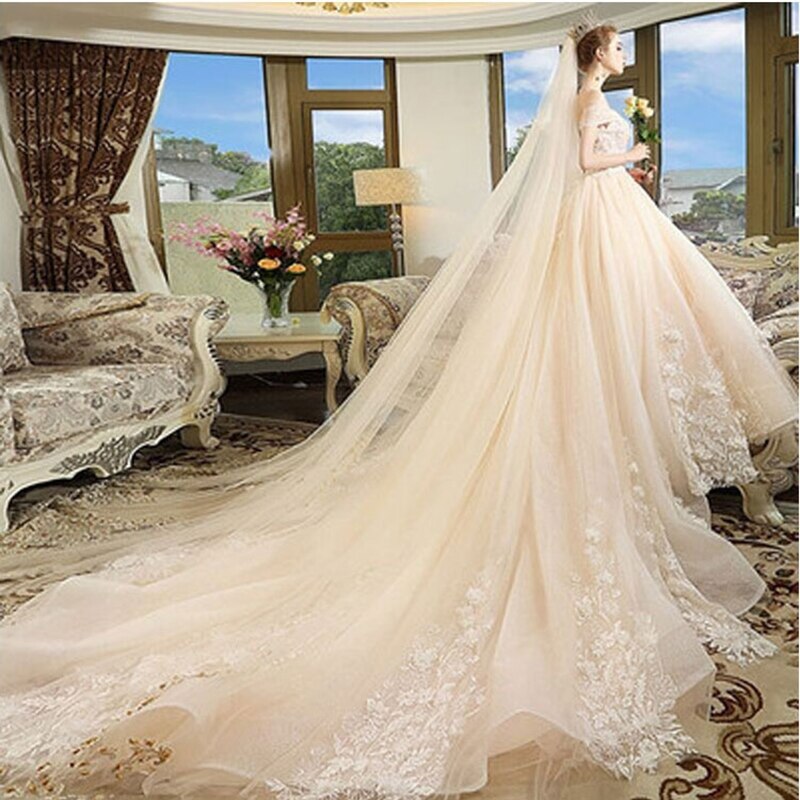 Velos de Novia Champagne con peine largo corto Velos de tul para bodas Catedral accesorios Velos de Novia de gasa de mariee champán: 1 T  3.5m