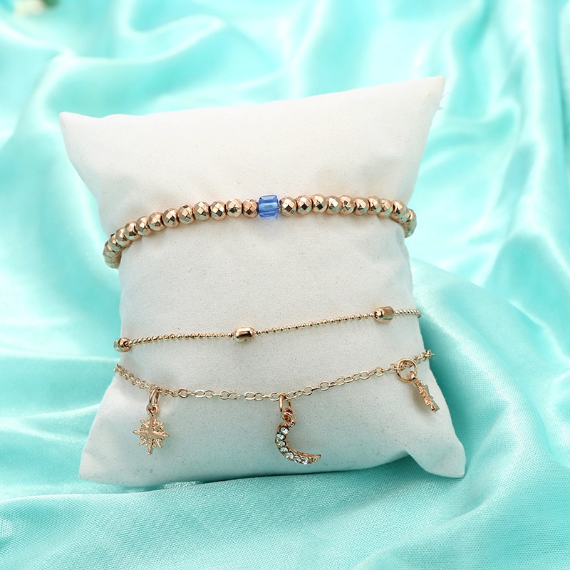 Conjunto de pulseras tobilleras bohemias con cuentas multicapa, con colgante de luna y estrella, pulseras de cadena para mujer, joyería para el tobillo Pie, de 2 uds