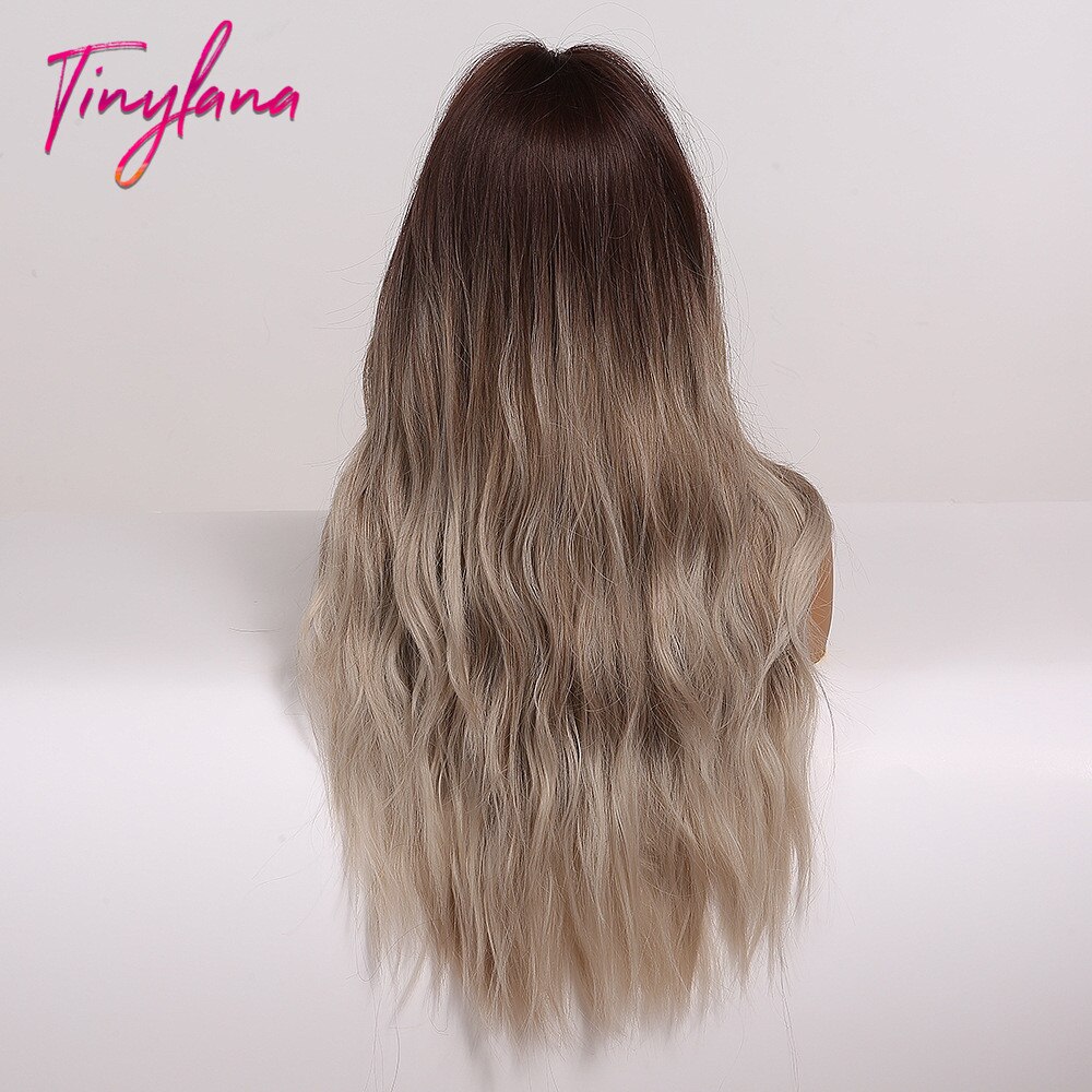 TINY LANA Synthetic Wigs Golden Ash Blonde Ombre Long Middle Point Wavy HairStyle Natural Hairline for Afro Women Heat Resistant