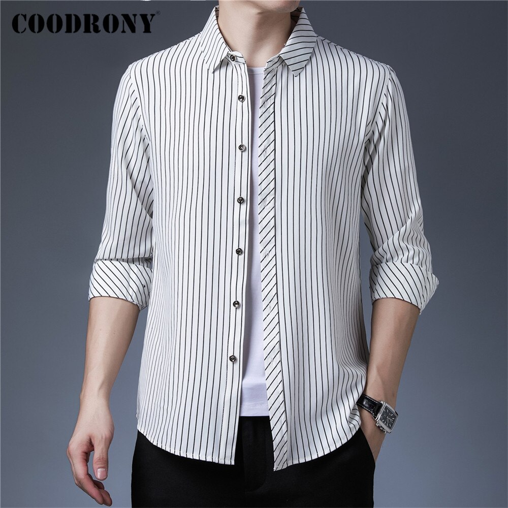 COODRONY-ropa de calle a rayas para hombre, camisa de manga larga ajustada, informal, de negocios, a la , novedad, primavera y otoño, C6216: Blanco / M