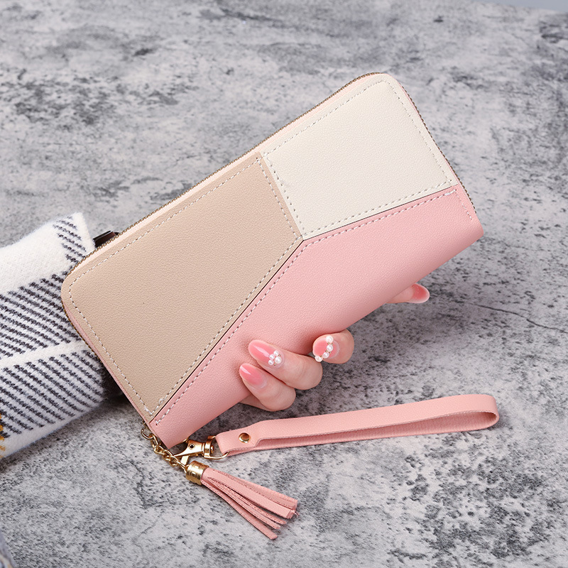 Women Large Capacity Wallet Long Zipper Durable Purse Hundred Literary Simple Splicing Clutch Bag: Pink