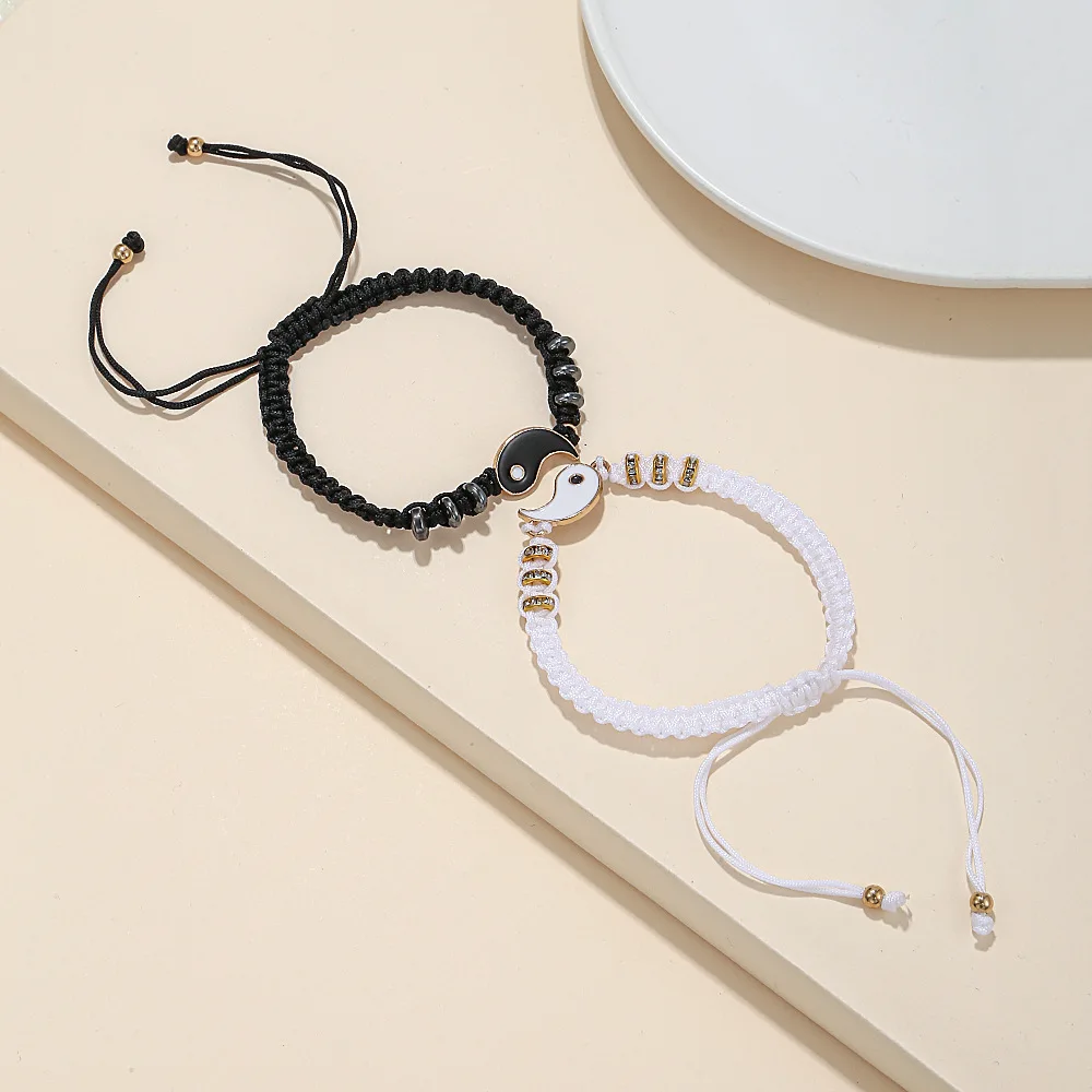 Conjunto de jóias tai chi casal pulseira preto branco corda ajustável conjunto corrente estilo simples uso diário amizade jóias presente: Estampagem a quente