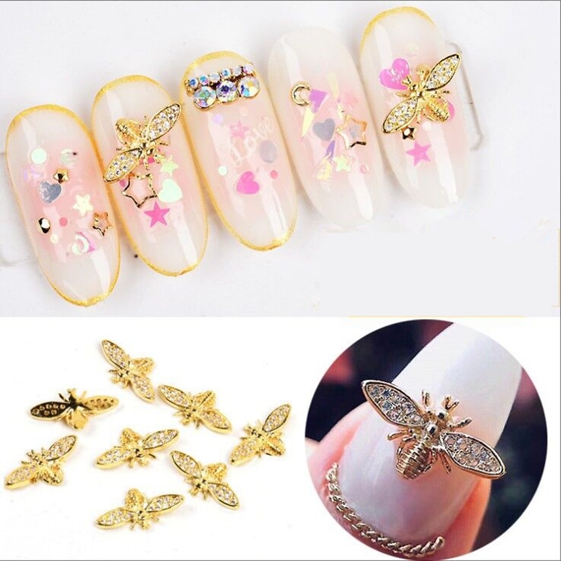5pcs/10pcs Metal Alloy Bee 3D Nail Art Decorations Gold Silver Black Jewelry Gem Japanese Style Manicure Accessories