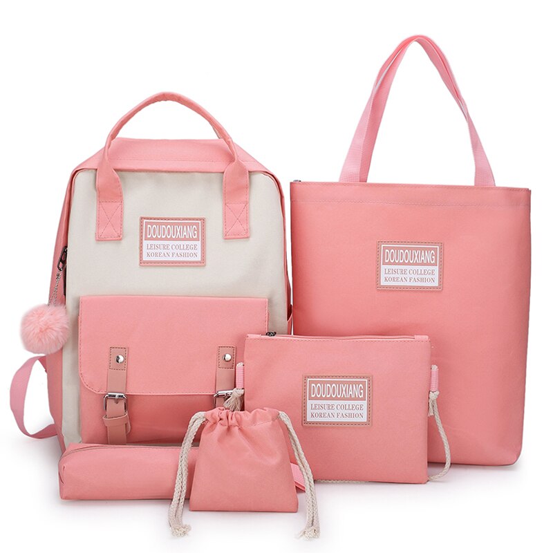 5 pièces/ensemble toile sacs d'école pour adolescentes couleur unie voyage sac à dos femmes Bookbags étudiant sac à dos sac à dos MD0158: Pink