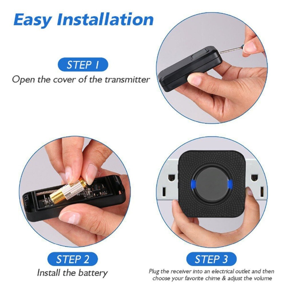 Wireless Doorbell Kit Plug In Wireless Cordless Waterproof Door Bell Chime Kit LED visual alerts Home Office 300M wireless range
